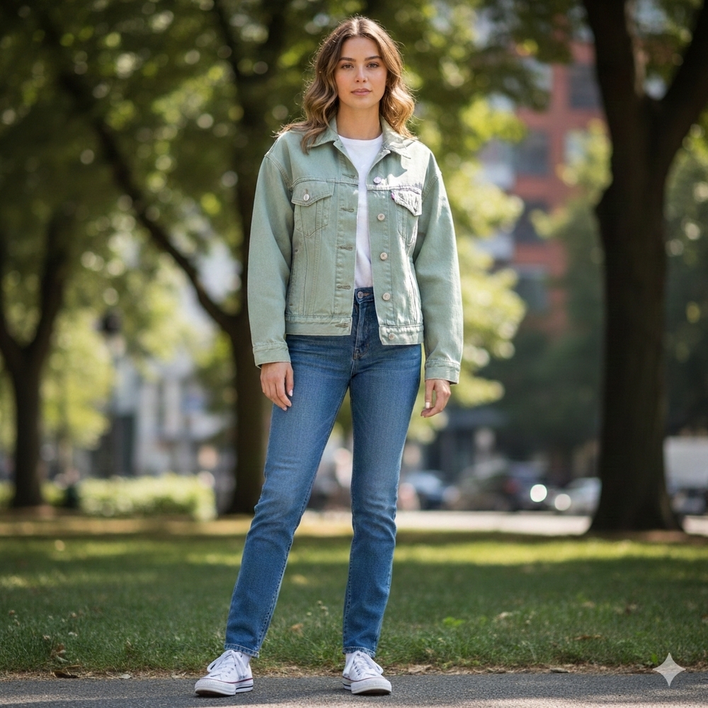 Levi's Size S/M Jean Jacket Ex-Boyfriend Trucker Sage Green Premium Denim Cotton - Picture 4 of 10